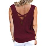 Solid Color Deep V-neck Backless Knitted Vest T-shirt for Ladies (Color:Wine Red Size:XXL)