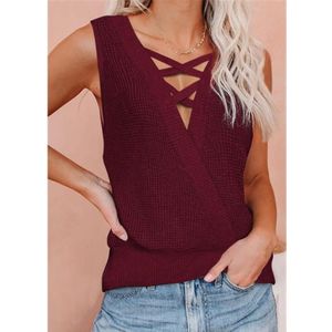 Solid Color Deep V-neck Backless Knitted Vest T-shirt for Ladies (Color:Wine Red Size:XXL)