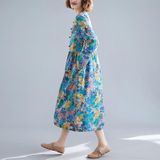 Loose Mid-length Ethnic Style Womens Long-sleeved Printed Cotton And Linen Dress (Color:Green Size:L)