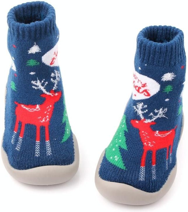 D2293 Kinderen Cartoon Kerst Vloer Sokken Antislip Schoenen  Maat: 20-21 (Blauwe Elk)