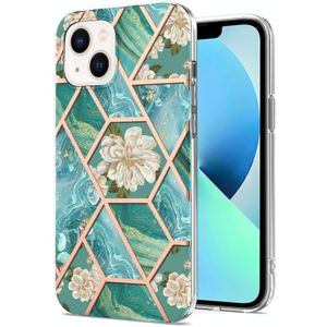 Voor iPhone 14 Plus Galvaniseren Splicing Marmeren Bloempatroon TPU Schokbestendig Hoesje (Blauwe Bloem)