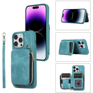 Voor iPhone 14 Pro Zipper Card Bag Back Cover Phone Case(Turquoise)