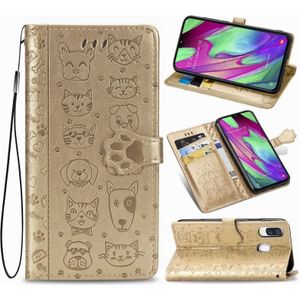 For Galaxy A40 Cute Cat and Dog Embossed Horizontal Flip Leather Case with Bracket / Card Slot / Wallet / Lanyard(Gold)