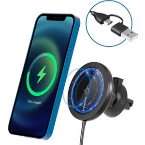 Mriowiz M-2002W 15W 360-degree Rotating MagSafe Magnetic Car Wireless Charger for iPhone 12 Series  with USB + USB-C / Type-C Data Cable  Cable Length: 1m