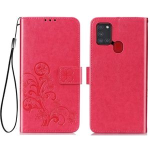 For Samsung Galaxy A21s Four-leaf Clasp Embossed Buckle Mobile Phone Protection Leather Case with Lanyard & Card Slot & Wallet & Bracket Function(Magenta)