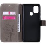 For Samsung Galaxy A21s Tree & Cat Embossed Pattern Horizontal Flip Leather Case with Holder & Card Slots & Wallet & Lanyard(Grey)