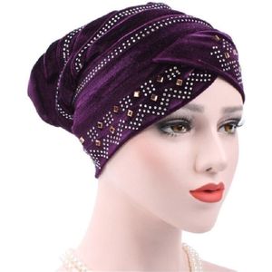 Pleuche Rhinestone Turban Hat Stacking Hat  Size:Adjustable(Dark Purple)