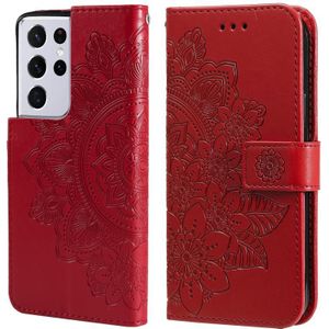 For Samsung Galaxy S21 Ultra 5G 7-petal Flowers Embossing Pattern Horizontal Flip PU Leather Case with Holder & Card Slots & Wallet & Photo Frame(Red)