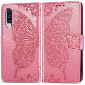 Voor Galaxy A70s Butterfly Love Flower relif horizontale Flip lederen draagtas met beugel/kaartsleuf/portemonnee/Lanyard (roze)