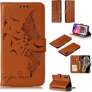 Feather patroon Litchi textuur horizontale Flip lederen draagtas met portemonnee & houder & kaartsleuven voor Galaxy A70 (bruin)