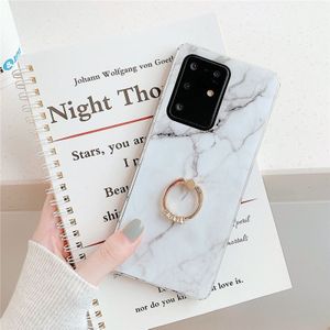 For Galaxy A51 High Quality TPU Smooth Marble with Ring Metal Rhinestone Bracket Mobile Phone Protective Case(White Q1)