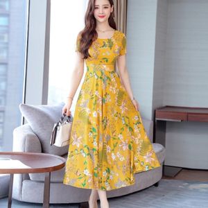 Round Neck Pleated Waist Fashionable Print Dress (Color:Yellow Size:XXXXL)