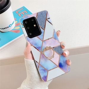 For Galaxy S20 Plus Plating Colorful Geometric Pattern Mosaic Marble TPU Mobile Phone Case Rhinestone Stand Ring(Blue PR4)
