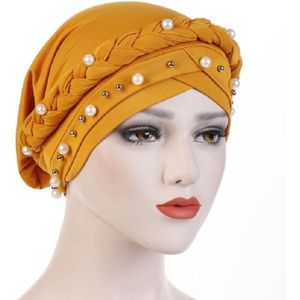 Ladies Turban Cap Milk Silk Single Braid Cap Rivet White Pearl Hooded Cap  Size:58cm(Turmeric)