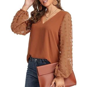 V-hals chiffon wollen bal decoratieve lange mouw blouse (kleur: oranje maat: XL)