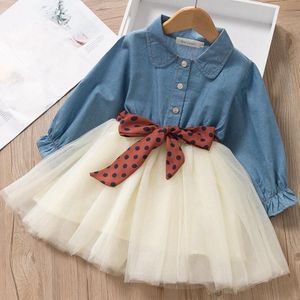 Girls Dress Denim Stitching Mesh Skirt + Removable Polka Dot Belt Suit Skirt (Color:Blue Size:120)