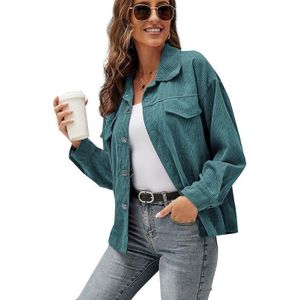 Revers lange mouw corduroy jas shirt losse casual vest jack voor dames (kleur: groen en roze maat: XXL)