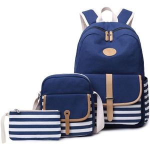 8893-1 3 PCS/Set Canvas Backpack Printed Student Schoolbag Striped Computer Bag(Dark Blue)