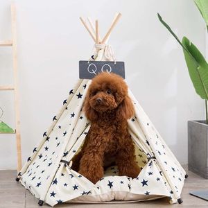 Cotton Canvas Pet Tent Cat and Dog Bed with Cushion  Specification: Medium 50×50×60cm(Beige Star )