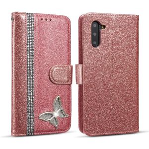 For Samsung Galaxy Note10 Glitter Powder Butterfly Leather Phone Case(Rose Gold)