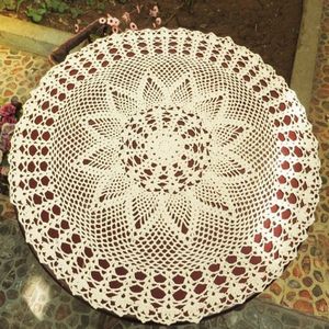 Exquisite Handmade Crochet Hook Flower Garden Mori Cotton Lace Openwork Woven Round Tablecloth  Size:60cm Diameter(Beige)