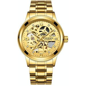 FNGEEN 6018 Men Automatic Mechanical Watch Waterproof Luminous Diamond Double-Sided Hollow Watch(Gold Steel Strip Gold Surface)