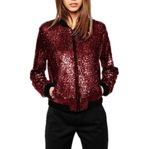 Women Wild Casual Sequin Jacket Short Coat (Color:Wine Red Size:XXL)