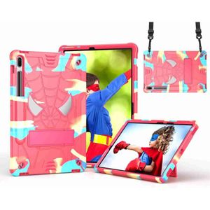 Voor Samsung Galaxy Tab S7 FE / S7+ / S8+ Spider Texture Silicone Hybrid PC Tablet Case met schouderriem (camouflage + roze rood)