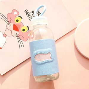 2 PCS Portable Cute Water Cup Leather Insulated Glass Cup with Leather Case(Light Blue)