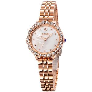 SKMEI 1799 Pearl Diamond Round Dial Stainless Steel Strap Quartz Watch for Ladies(Rose Gold and White Surface)