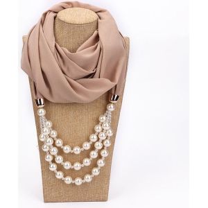 2 PCS National Style Scarf with Imitation Pearl Necklace(Beige)