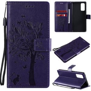 For Samsung Galaxy S20 FE 5G / S20 Lite Tree & Cat Pattern Pressed Printing Horizontal Flip PU Leather Case with Holder & Card Slots & Wallet & Lanyard(Purple)