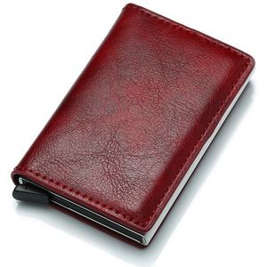 Automatic Elastic Card Type Anti-magnetic RFID Anti-theft Retro Card Package Universal Leather Metal Wallet(Red)