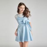 Fashion Stitching Bow Short-sleeved Lace-up Slim Slimming Fake Two-piece Dress (Color:Baby Blue Size:S)