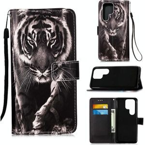 Voor Samsung Galaxy S23 Ultra 5G Gekleurd Tekenpatroon Plain Weave Leather Phone Case (Black And White Tiger)