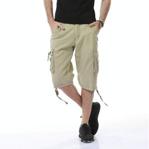 Summer Multi-pocket Solid Color Loose Casual Cargo Shorts for Men (Color:Khaki Size:32)