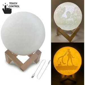 Aangepaste Touch schakelaar 2-Color 3D print maan lamp USB opladen energiebesparende LED nachtlampje met houten houder Base  diameter: 18cm