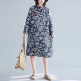 Retro Disc Button Stand Collar Cheongsam Ethnic Style Plus Size Printed Cotton And Linen Dress (Color:Blue Size:L)