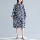 Retro Disc Button Stand Collar Cheongsam Ethnic Style Plus Size Printed Cotton And Linen Dress (Color:Blue Size:L)