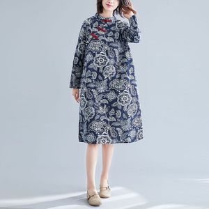 Retro Disc Button Stand Collar Cheongsam Ethnic Style Plus Size Printed Cotton And Linen Dress (Color:Blue Size:L)