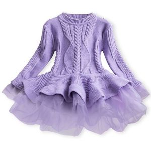 Winter Girls Knit Long Sleeve Sweater Organza Dress Evening Dress  Size:100cm(Purple)