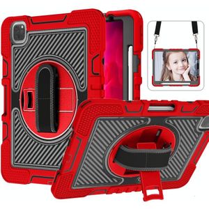 360 Degree Rotation Contrast Color Shockproof Silicone + PC Case with Holder & Hand Grip Strap & Shoulder Strap For iPad Air 2020 10.9 / Pro 11 2020 / 2021 / 2018 (Red+Black)