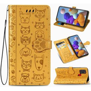 For Samsung Galaxy A21s Lovely Cat and Dog Embossing Pattern Horizontal Flip Leather Case  with Holder & Card Slots & Wallet & Cartoon Clasp & Lanyard(Yellow)