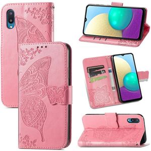For Samsung Galaxy A02 Butterfly Love Flower Embossed Horizontal Flip Leather Case with Bracket & Card Slot & Wallet & Lanyard(Pink)