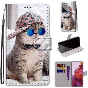 For Samsung Galaxy S21 Ultra Coloured Drawing Cross Texture Horizontal Flip PU Leather Case with Holder & Card Slots & Wallet & Lanyard(Oblique Hat Blue Mirror Cat)