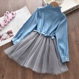Girls Denim Jacket + Mesh Skirt Two Sets (Color:Light Blue Size:100)