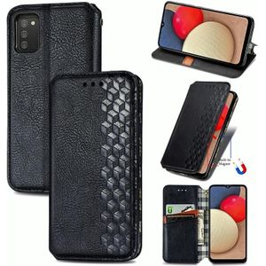 For Samsung Galaxy A02s(US Edition) Cubic Grid Pressed Horizontal Flip Magnetic PU Leather Case with Holder & Card Slots & Wallet(Black)