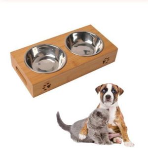 Cat Dog Pet Stainless Steel Feeding and Drinking Bowls Combination With Bamboo Frame  Size:L