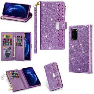 For Samsung Galaxy S20 Ultra Multi-card Slots Starry Sky Laser Carving Glitter Zipper Horizontal Flip Leather Case with Holder & Wallet & Lanyard(Purple)