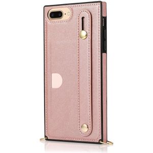For iPhone 8 Plus / 7 Plus Wrist Strap PU+TPU Shockproof Protective Case with Crossbody Lanyard & Holder & Card Slot(Rose Gold)